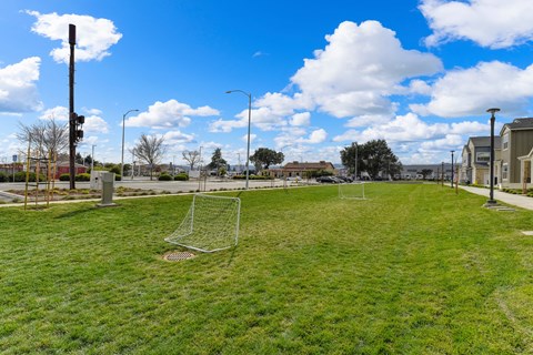 Grassy area with two smaller soccer goals set up.  Sky is bright blue with large white clouds.
